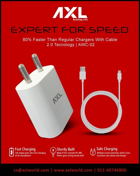 A high-contrast 4:5 ad creative showcasing a power adapter and cable with clear benefit-led bullet points and bold branding.