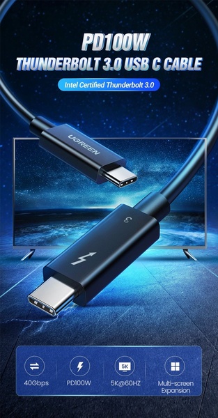 A high-contrast, blue-toned technical ad showcasing Thunderbolt 3.0 USB C cable capabilities including 100W charging and 5K video support.