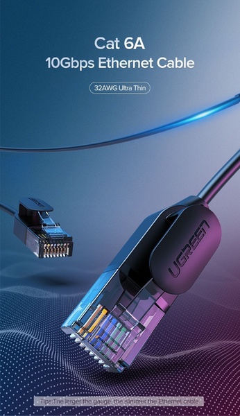 A high-performance technical ad showcasing a Cat 6A Ethernet cable with a clean dark-mode background and clear spec-driven typography.