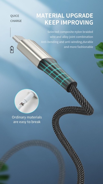 This creative uses a split-screen comparison to show the resilience of a braided charging cable versus the fragility of standard cables, emphasizing material upgrades.