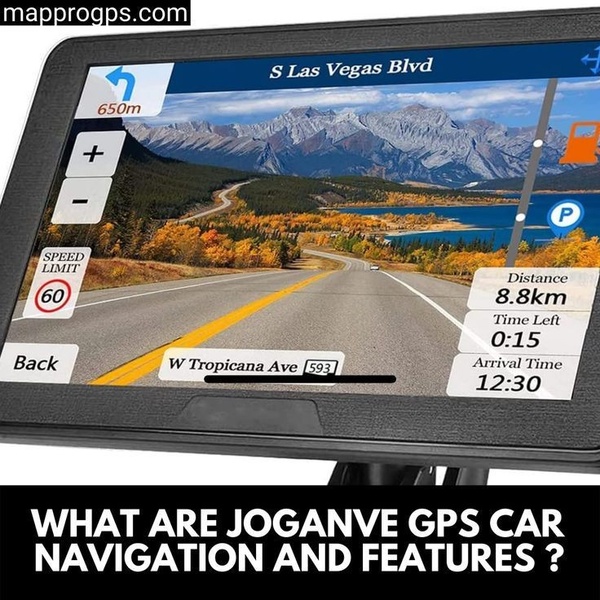 This creative showcases a clear, user-focused GPS navigation unit displaying real-time mapping data, including speed limits, travel time, and route information.