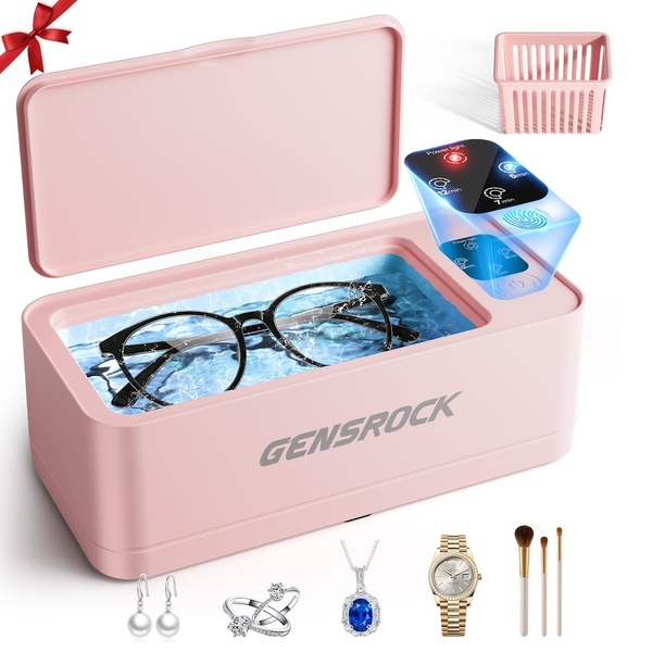 A clean, high-contrast product shot of an ultrasonic jewelry cleaner filled with water, featuring a basket and multiple delicate accessories surrounding the base.
