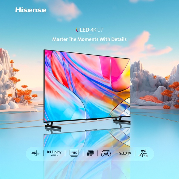 A visually immersive 4K TV advertisement featuring surreal desert-like landscapes and a concise icon-based list of technical features.
