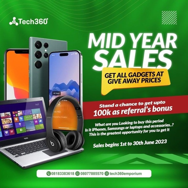 A promotional sales creative featuring a collection of high-end gadgets including smartphones and laptops with a clear discount-driven message.