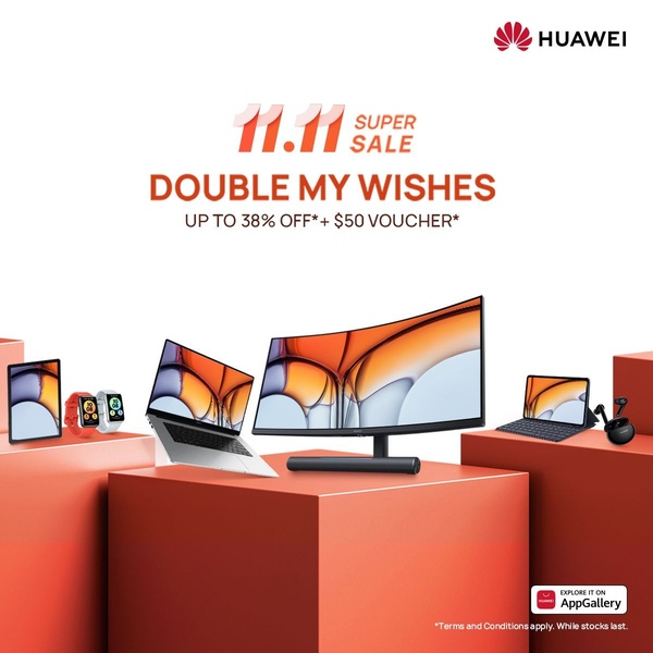 laptop computer, computer monitor, tablet computer, smartwatch, wireless earbuds, huawei electronics, tech devices, sale promotion, limited time deal, minimalist, modern typography, energetic, bold, red, neutral, orange