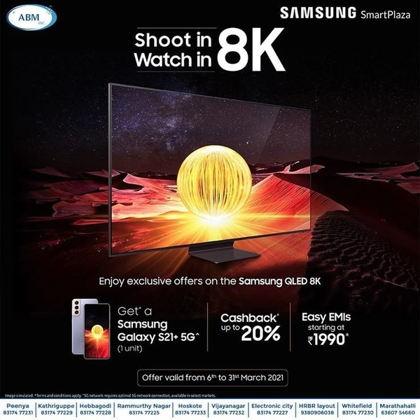 A high-contrast square ad creative for a Samsung QLED 8K Smart TV, featuring a sleek product shot and clear promotional offer text.