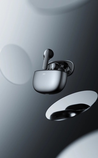 A high-end studio shot of wireless earbuds floating in a dark, minimalist space with soft lighting and circular bokeh accents.
