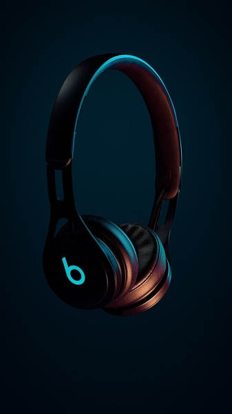 This creative showcases wireless headphones floating in a dark, minimalist environment with a striking blue neon accent light and glowing logo, creating an premium, tech-focused aesthetic.