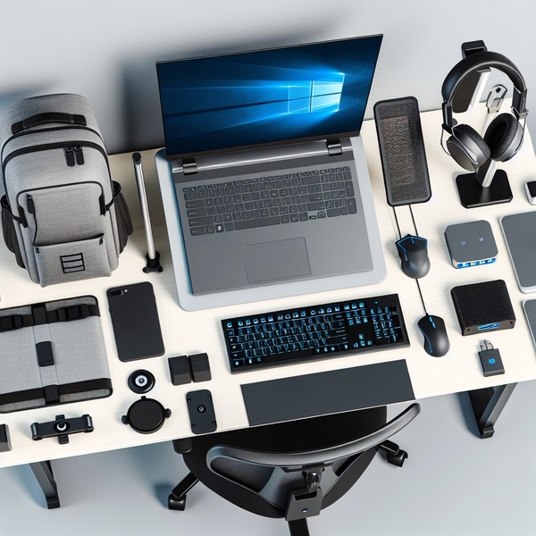 A top-down view of an organized desk featuring a high-end laptop, mechanical keyboard, wireless headphones, and mobile accessories arranged for maximum visual clarity.