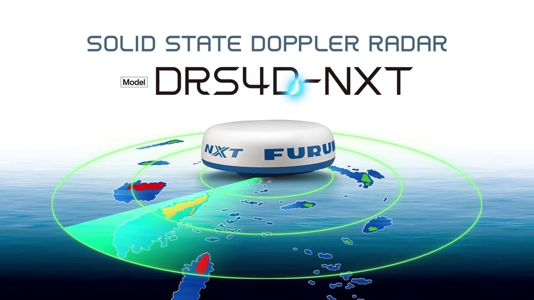 A clear, clean 16:9 visualization of a solid state doppler radar unit scanning a maritime environment with radar wave rings.