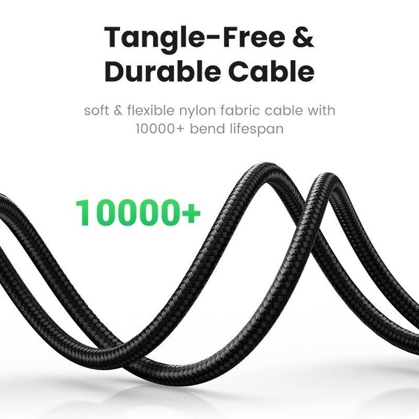 A high-contrast, minimalist ad creative highlighting the durability and flexibility of a black braided charging cable using a bold 10,000+ bend cycle statistic.
