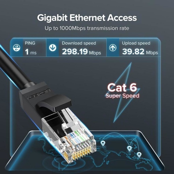 An analytical ad creative displaying technical connection statistics like ping and upload speeds to justify the product's performance claim.
