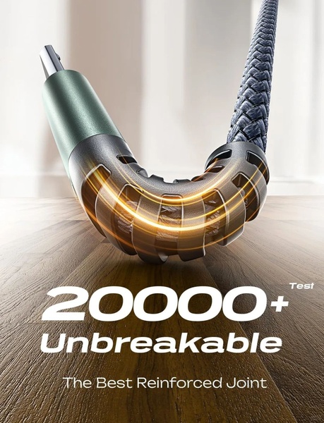 A close-up studio shot demonstrating the extreme durability of a reinforced cable joint through a deliberate bending test.