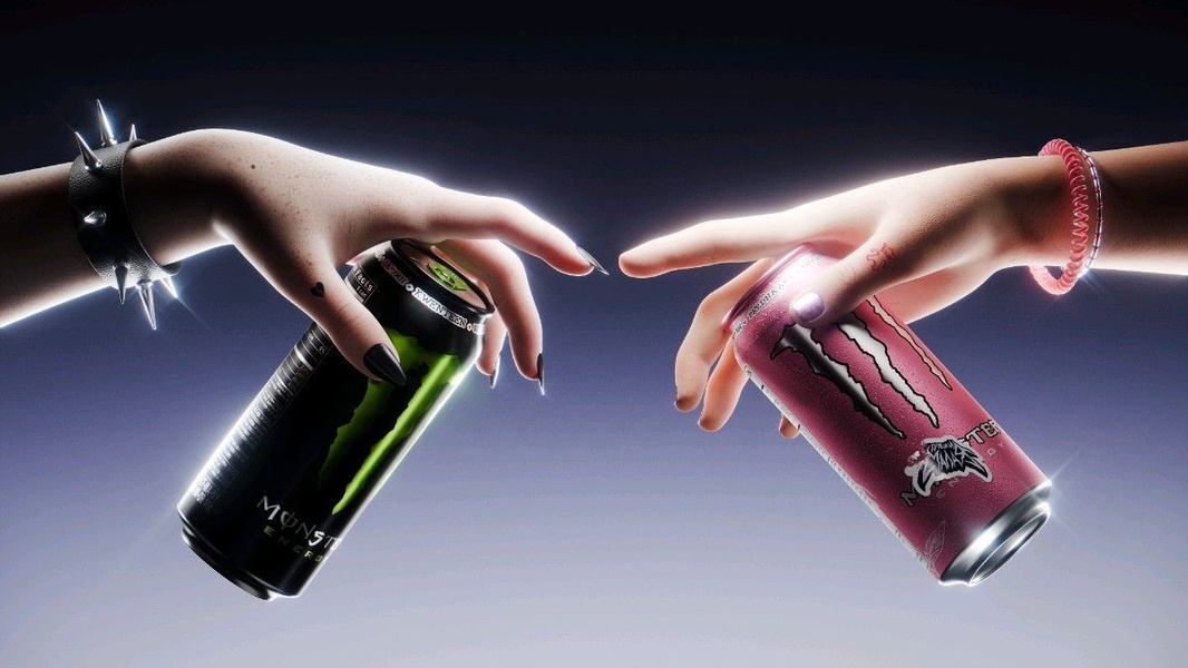A high-concept, cinematic product photography shot featuring two hands reaching toward each other, each holding a different flavor of energy drink.