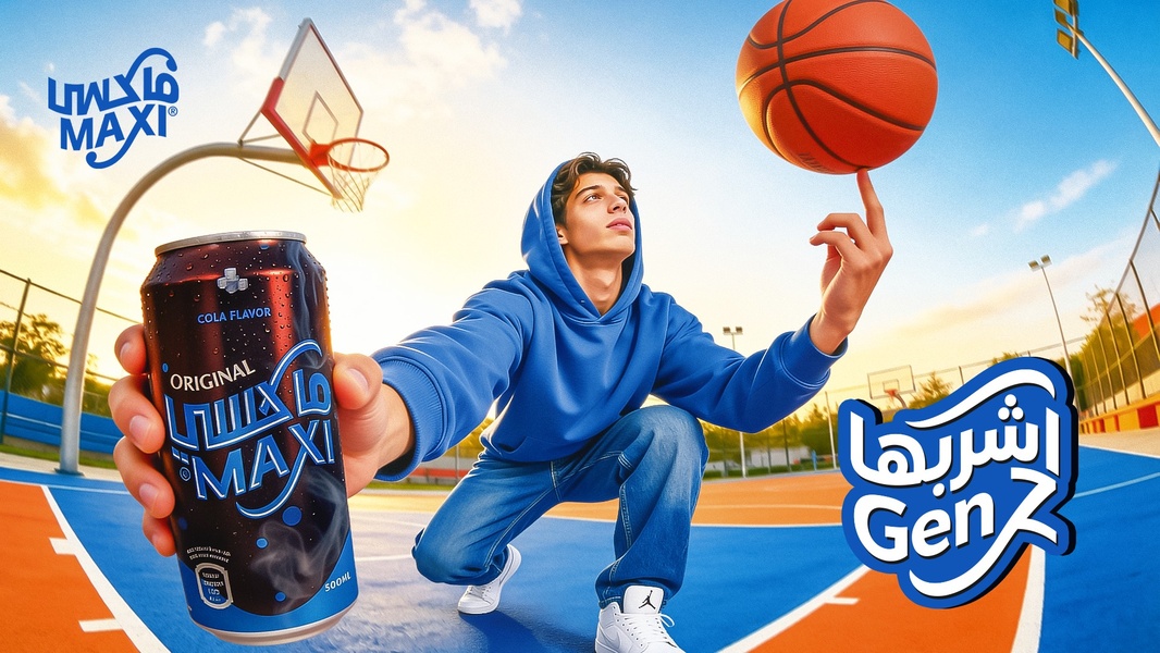 A high-energy, wide-angle shot featuring a basketball player holding a can of Maxi Cola, utilizing vibrant blue and orange color palettes to signify a youthful, active lifestyle.