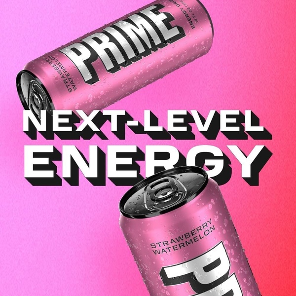 A high-impact 1:1 square creative featuring floating energy drink cans against a vibrant pink-to-red gradient background.