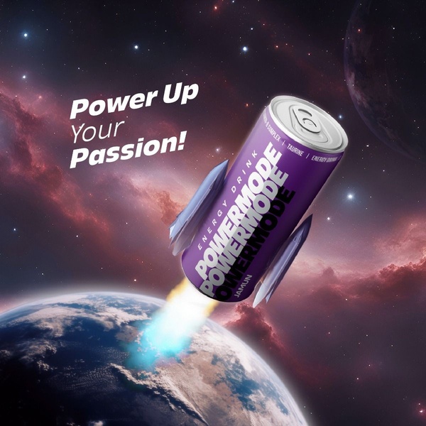 A high-impact 1_1 ratio graphic featuring an energy drink can depicted as a rocket ship launching from Earth into deep space, conveying intense performance and growth.
