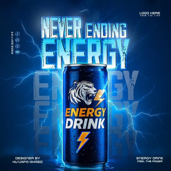 A high-impact 1:1 square advertisement featuring a stylized energy drink can surrounded by electric bolts and atmospheric lightning effects.