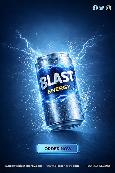 A high-energy, vertical product advertisement for an energy drink, featuring the product can surrounded by lightning and water splashes against a deep blue background.