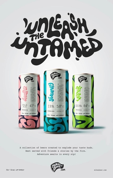 A high-impact product lineup featuring three distinct beer cans with bold, psychedelic typography and vibrant color coding.