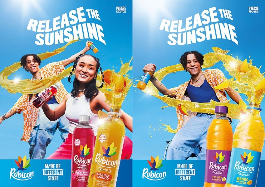 A vibrant, energetic campaign for fruit-infused sparkling water featuring youthful talent and dynamic product-splash effects.
