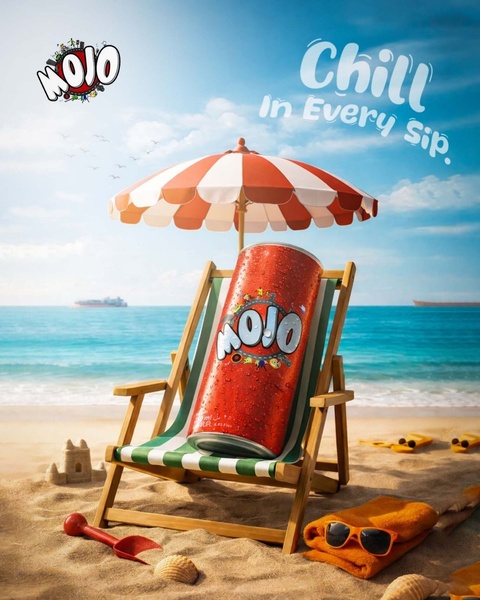 An energy drink can is placed on a deck chair under a beach umbrella with sand, a shovel, and sunglasses, highlighting a summer theme.