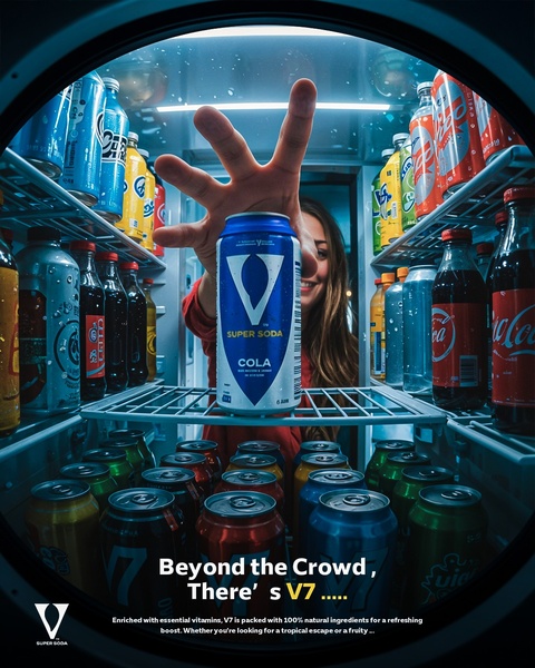 A first-person perspective shot looking from inside a refrigerator, reaching out to grab a can of V7 Super Soda.