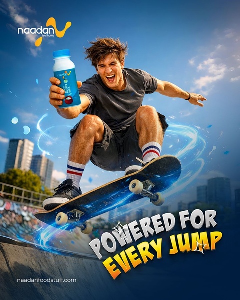 A dynamic shot of a skateboarder in mid-air holding a bottle of buttermilk, emphasizing energy and active movement.