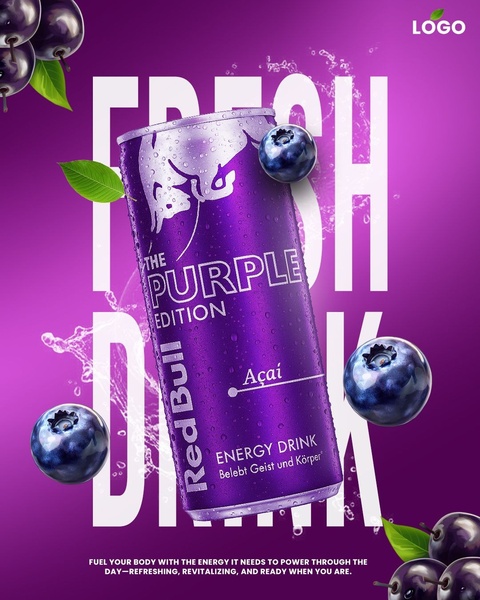 A high-impact 4:5 creative featuring a floating energy drink can surrounded by fresh blueberries and water splashes to emphasize natural ingredients.