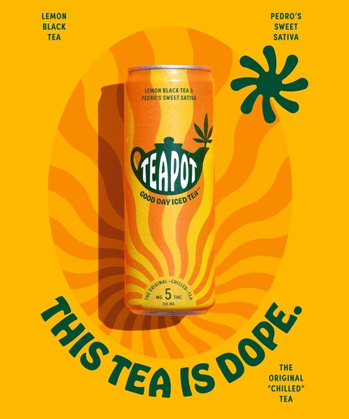A vibrant, 4:5 vertical ad featuring a single can of infused iced tea centered against a retro, swirling orange background to create a bold, high-contrast visual.