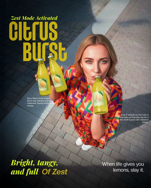 A vibrant lifestyle shot featuring a model holding three bottles of citrus beverage, using bold yellow typography and high-contrast urban lighting.