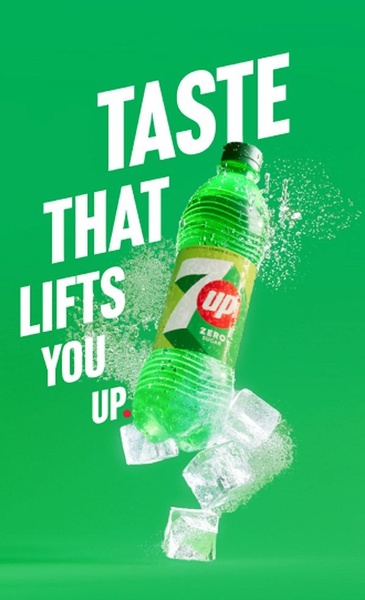 A vertical ad featuring a zero sugar soda bottle suspended in mid-air with splashing ice cubes against a bright green background.