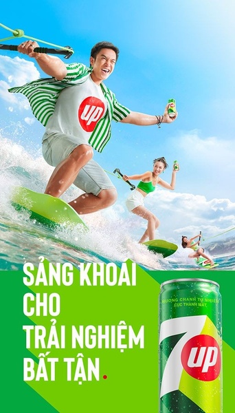 This ad creative uses high-energy, aspirational water-sports imagery paired with a close-up product shot to link the feeling of refreshment directly to the beverage.
