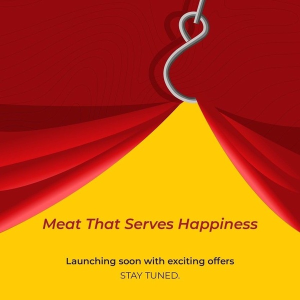A 1:1 ratio teaser ad for a meat brand featuring a dramatic red curtain reveal hook and a clear value-driven headline.
