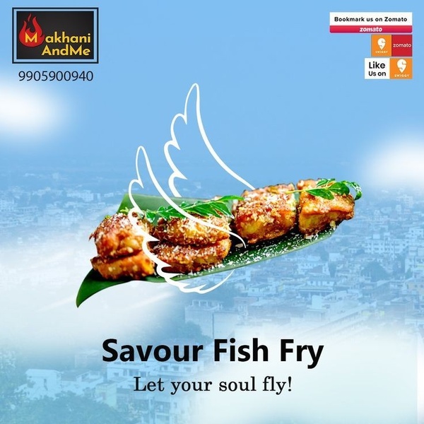 A minimalist square advertisement featuring a plate of fish fry with illustrative wings and simple, punchy ad copy.