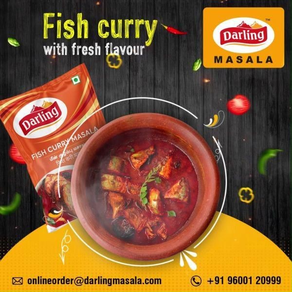 A 1:1 ratio advertisement for Fish Curry Masala, featuring a hot clay pot of curry alongside the product packaging with a fresh ingredient aesthetic.