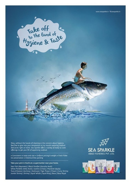 A surreal, high-contrast ad featuring a child riding a giant fish against a deep blue background to represent hygiene and freshness.