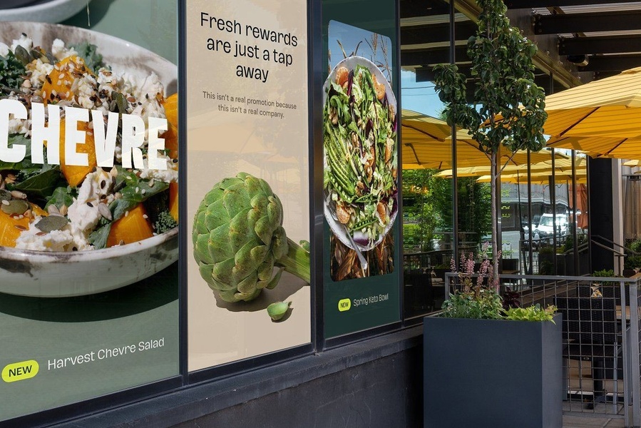 A split-panel layout featuring vibrant, high-contrast food photography of a Harvest Chevre Salad and fresh ingredients to signal quality.
