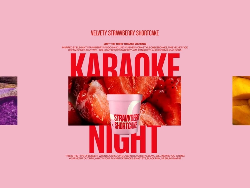 A vibrant 4:3 graphic featuring a strawberry shortcake ice cream pint centered over close-up fruit textures, utilizing bold typography to connect the product to a fun musical theme.