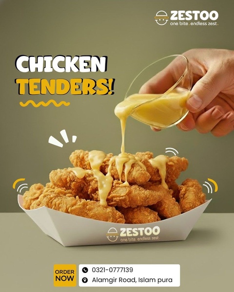A high-quality studio shot of fried chicken tenders being drizzled with sauce, designed to trigger appetite and urgency.