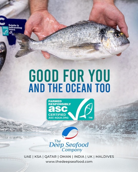 A high-quality, 4:5 ratio ad showcasing a fresh sea bass held over ice, emphasizing responsible farming and certification.