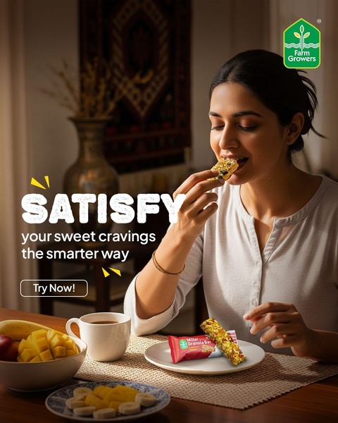 A clean, high-contrast lifestyle image featuring a user enjoying a snack bar, positioned beside a bowl of fresh fruit and a cup of coffee to imply a healthier habit.