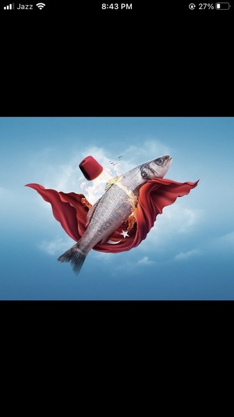 A high-concept, surrealist image featuring a fish adorned in a red cape and a fez, presented against a bright blue sky.
