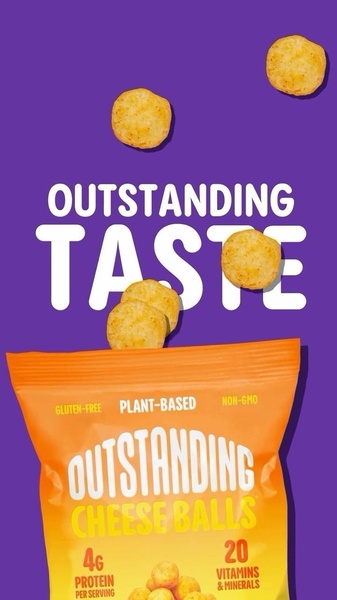 A vertical ad creative featuring floating cheese balls above product packaging with clear benefit-led text overlays.
