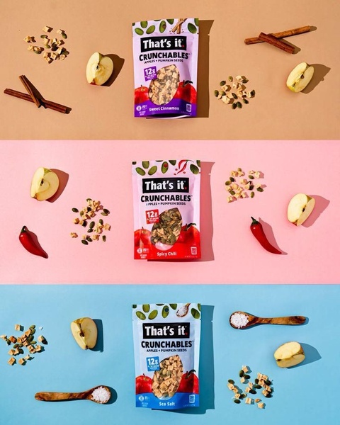 A clean, color-blocked grid display showcasing different Crunchables snack flavors alongside their key ingredients.