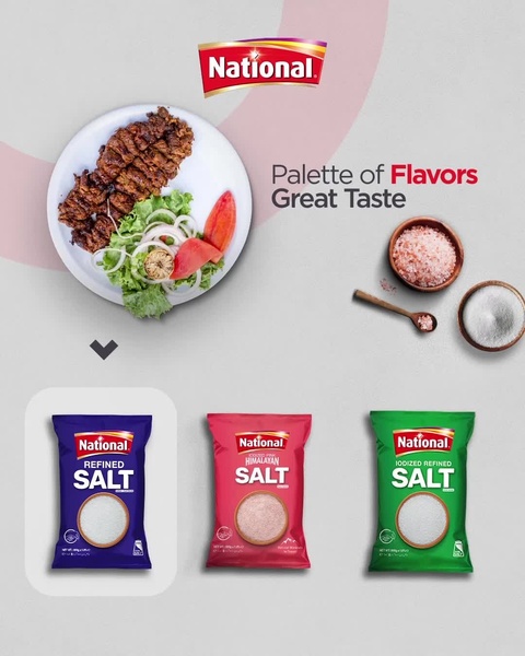 This ad creative displays different variations of refined salt alongside a prepared dish to bridge the gap between utility and appetite appeal.