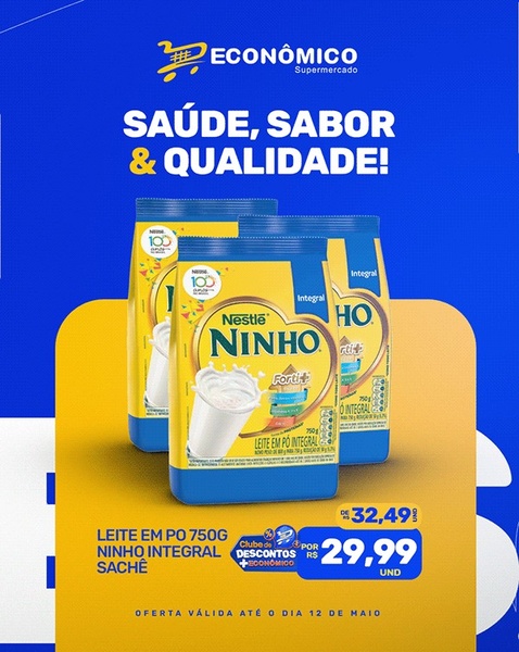 This ad creative displays a clear promotional offer for Ninho brand milk powder, featuring high-contrast yellow and blue branding with prominent pricing.