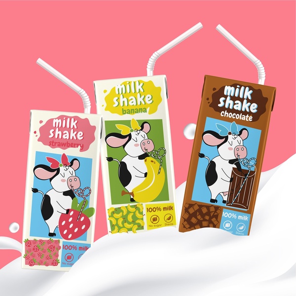 A vibrant 1:1 square graphic featuring three different milkshake flavors, each with a custom-illustrated cow mascot interacting with the ingredient source.