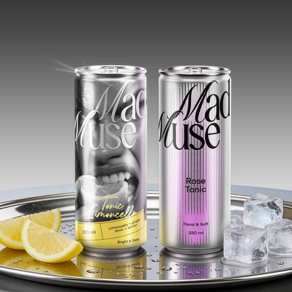 A high-end, split-screen product photography shot featuring two variations of a beverage can, one with a close-up human model element and one with a minimalist floral theme.