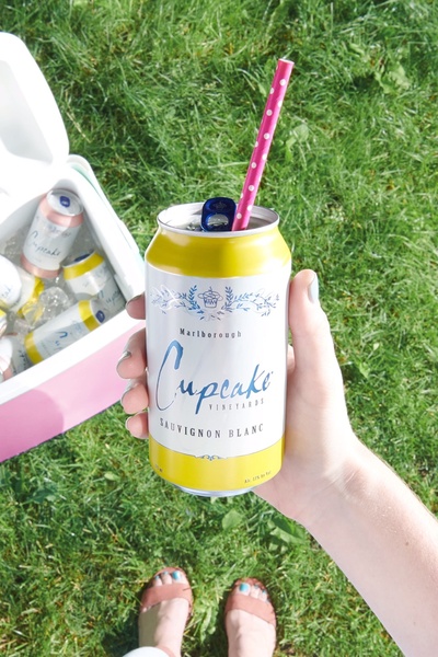 A close-up POV shot of a hand holding a canned wine with a colorful straw, set against a grassy outdoor backdrop with a cooler nearby.